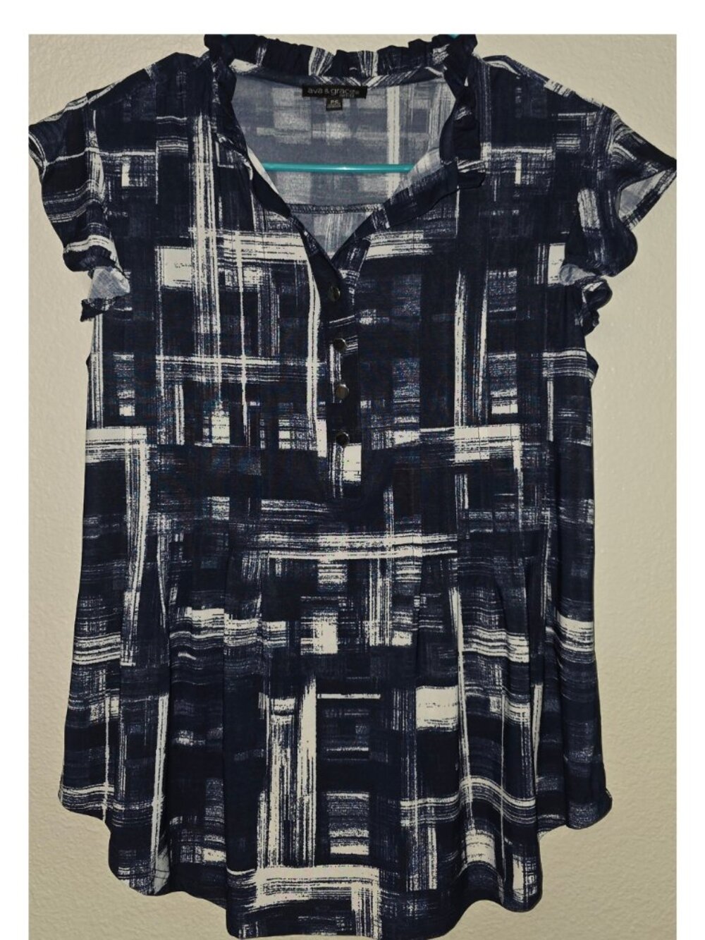 Ava & Grace Petite Small Navy White Plaid Ruffle Sleeve Blouse P/S